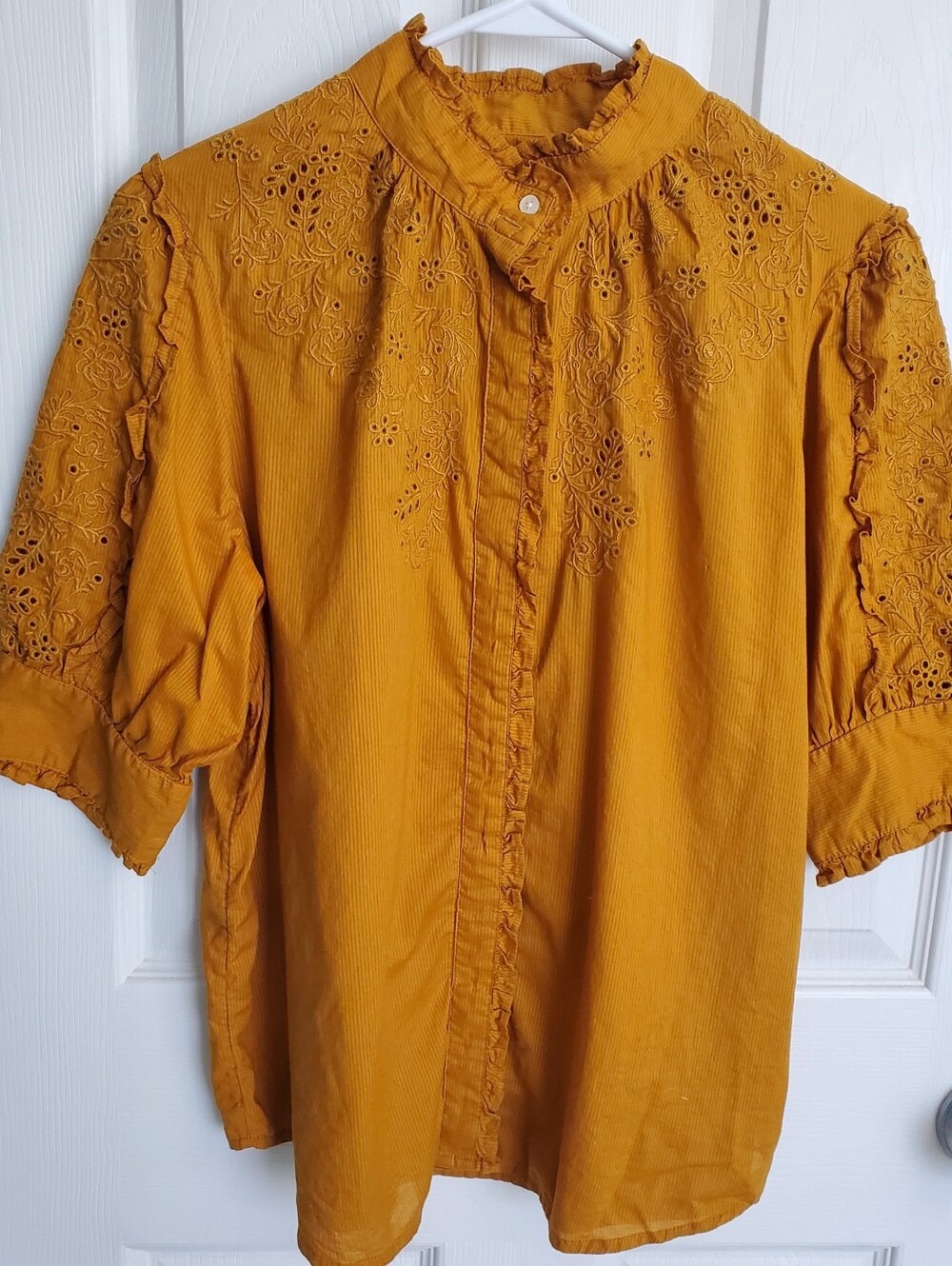 J. Crew Black Label Mockneck Embroidered Eyelet Mustard Colored Ruffled Top Sz S
